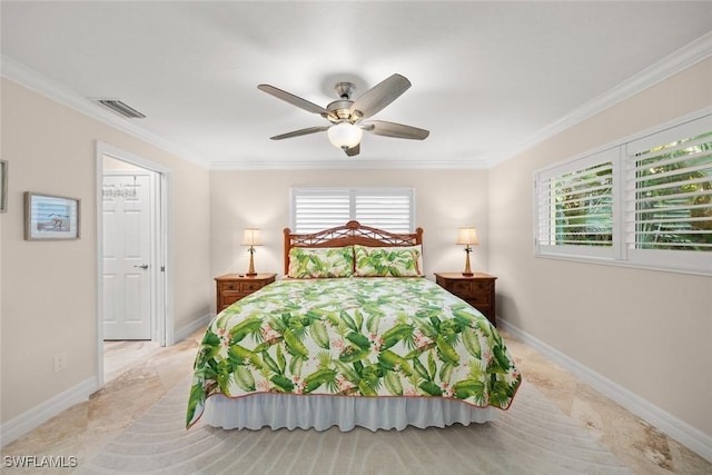 bedroom with ornamental molding, visible vents, and baseboards