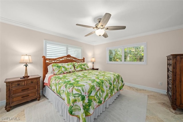 bedroom featuring ceiling fan, baseboards, and crown molding