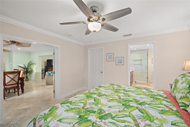 bedroom with ornamental molding, a ceiling fan, visible vents, and baseboards