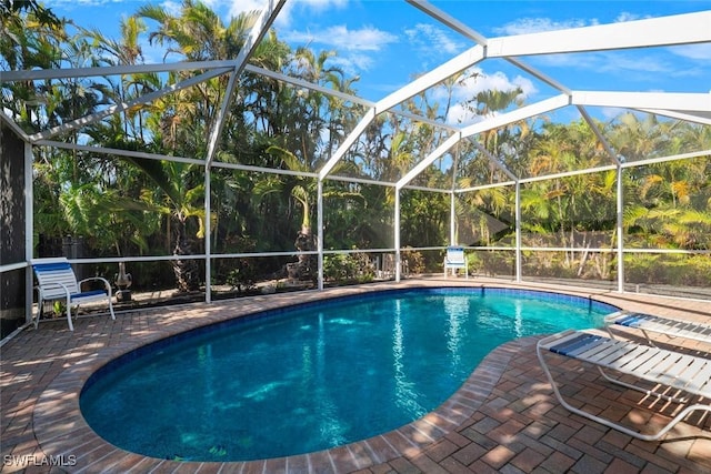 view of pool with a patio area and glass enclosure