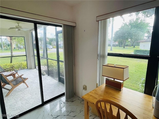 entryway with a wealth of natural light and ceiling fan