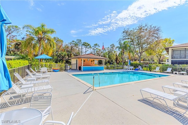 view of swimming pool featuring a patio area