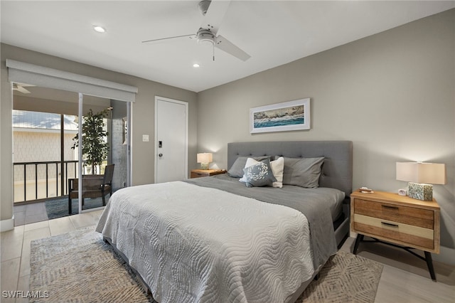 bedroom with ceiling fan, light hardwood / wood-style flooring, and access to outside