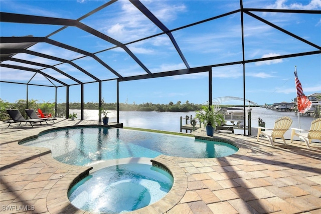 view of swimming pool with a boat dock, a water view, a patio area, and a lanai