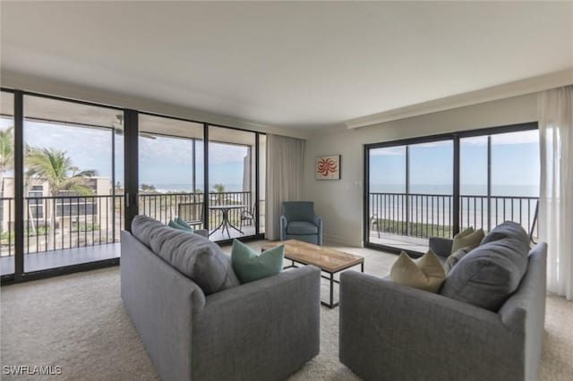 living room featuring a water view, light carpet, and a wealth of natural light