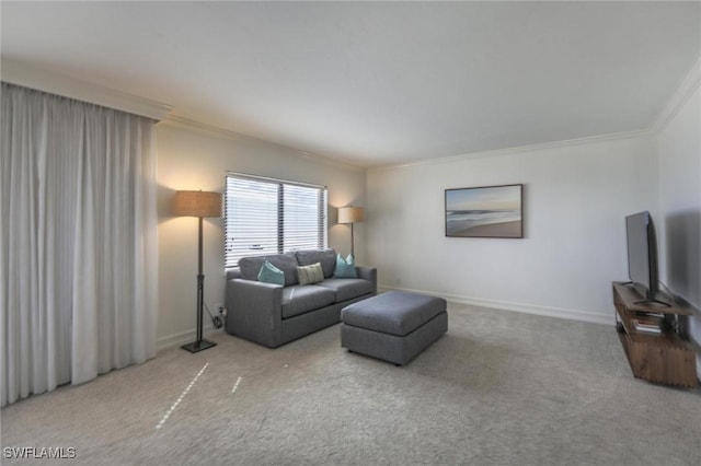 living room featuring light colored carpet and ornamental molding