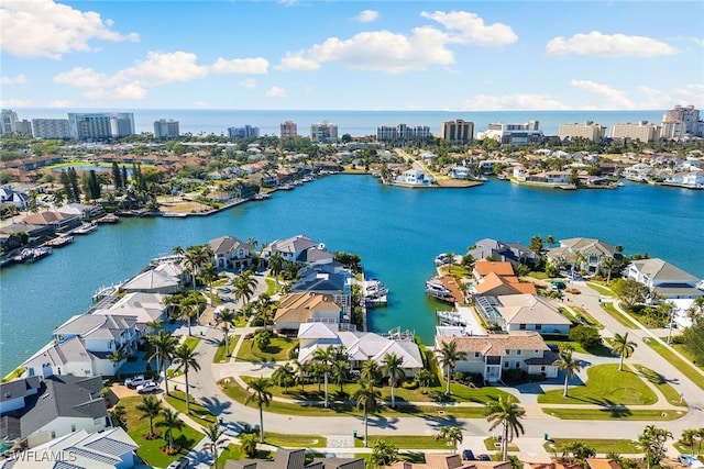 bird's eye view with a water view