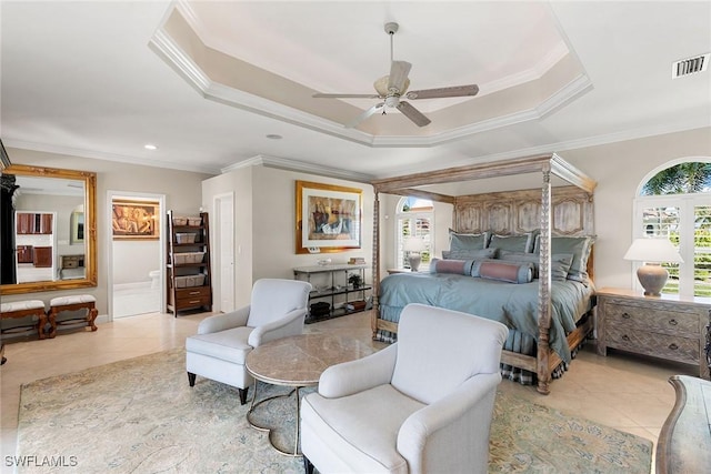 tiled bedroom with multiple windows, crown molding, and ceiling fan