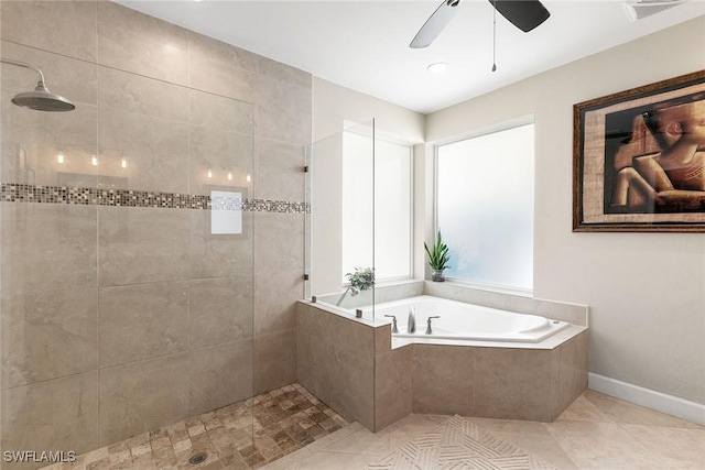 bathroom featuring tile patterned floors, ceiling fan, and separate shower and tub