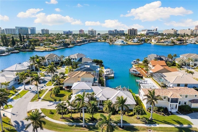 bird's eye view with a water view