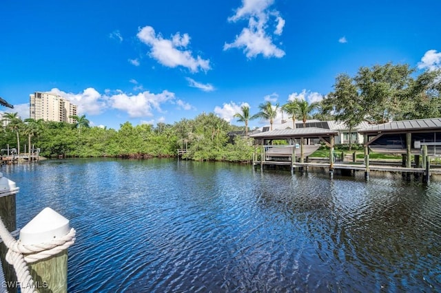 view of dock with a water view