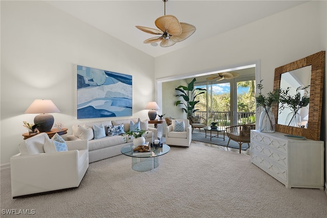 living room with french doors, carpet floors, high vaulted ceiling, and ceiling fan