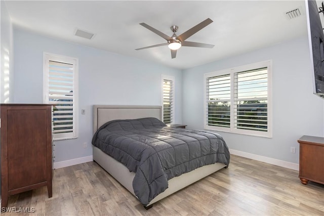 bedroom with ceiling fan and light wood-type flooring