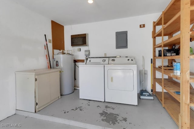 laundry room featuring electric panel, water heater, and independent washer and dryer