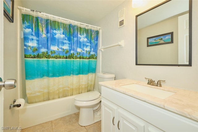 full bathroom featuring tile patterned flooring, vanity, toilet, and shower / bath combo with shower curtain