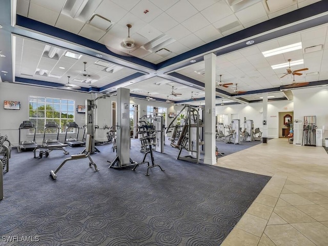 exercise room with ceiling fan