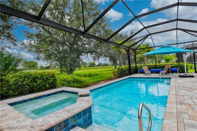 view of swimming pool featuring a lanai, an in ground hot tub, and a patio