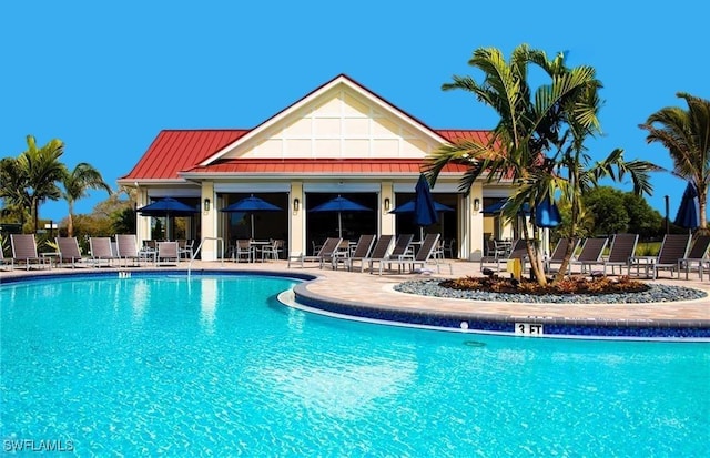 view of swimming pool with a patio