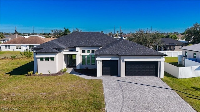 view of front facade featuring a garage and a front lawn