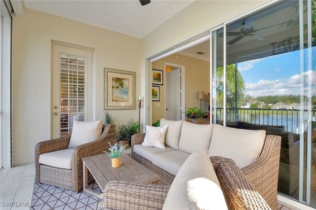 interior space featuring a wall unit AC and a water view