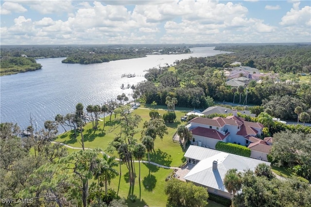 bird's eye view with a water view