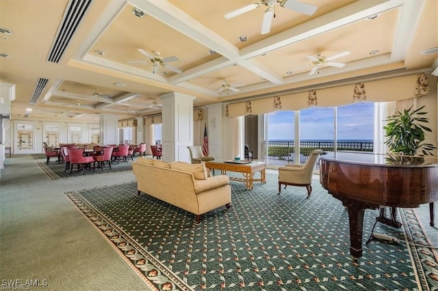 building lobby featuring a water view