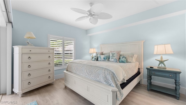 bedroom with ceiling fan and light hardwood / wood-style flooring