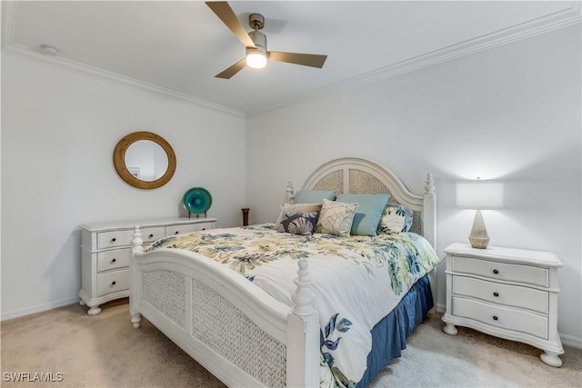 bedroom with light colored carpet, ceiling fan, and ornamental molding