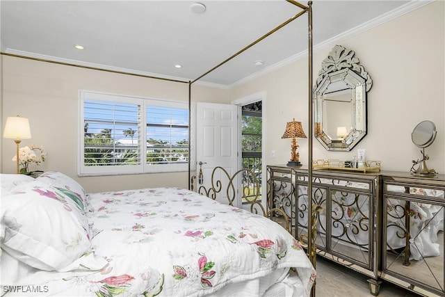 bedroom with wood-type flooring and ornamental molding