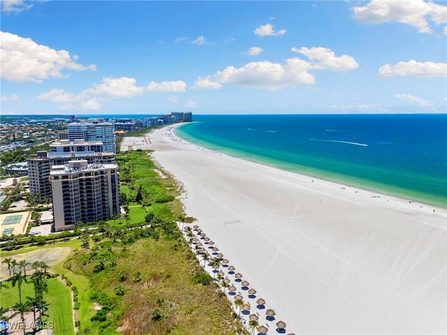 bird's eye view featuring a water view and a view of the beach