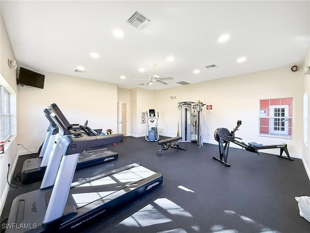 gym featuring ceiling fan