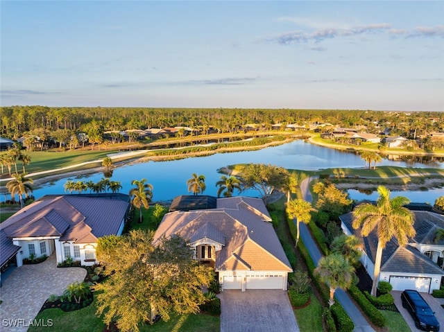bird's eye view with a water view