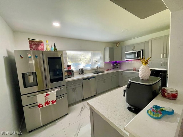 kitchen with sink, gray cabinetry, and stainless steel appliances