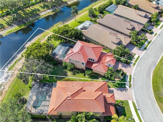 drone / aerial view featuring a water view