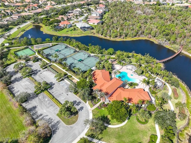 drone / aerial view featuring a water view