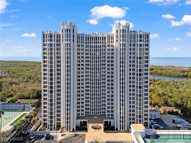 view of building exterior featuring a water view