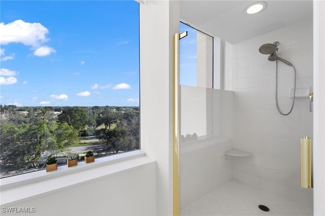 bathroom with a tile shower and a wealth of natural light