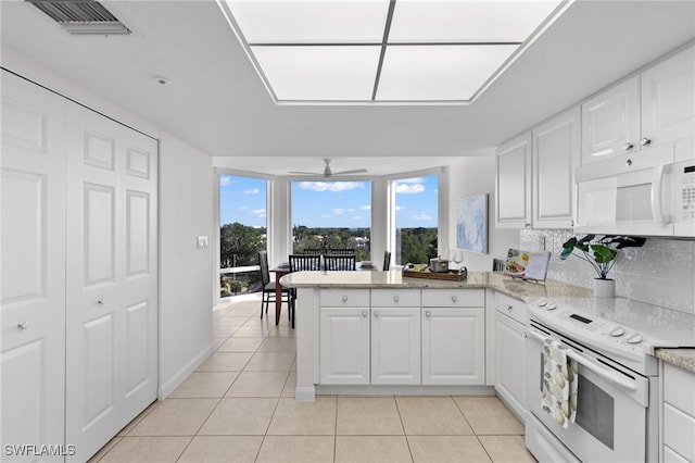 kitchen featuring white cabinetry, ceiling fan, tasteful backsplash, kitchen peninsula, and white appliances