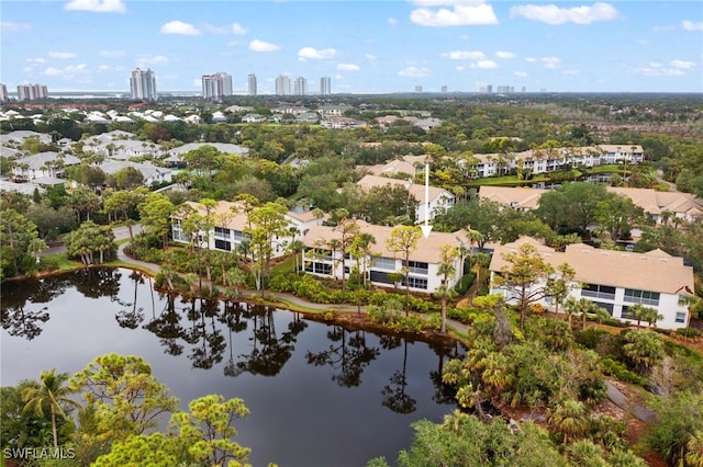 drone / aerial view featuring a water view