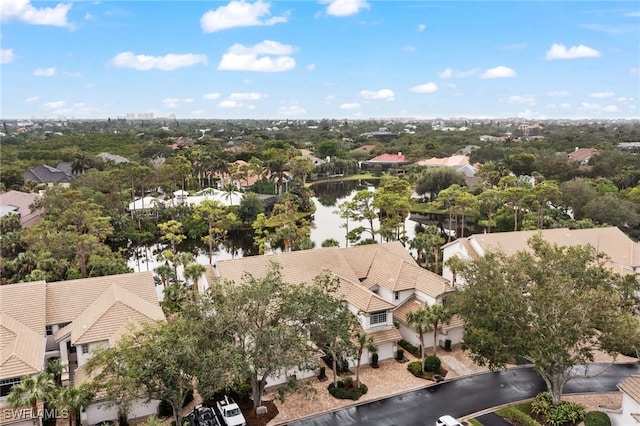 drone / aerial view with a water view