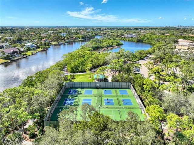 bird's eye view with a water view