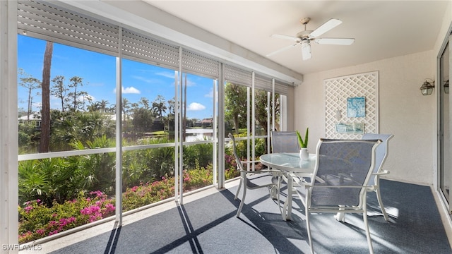 sunroom / solarium featuring ceiling fan