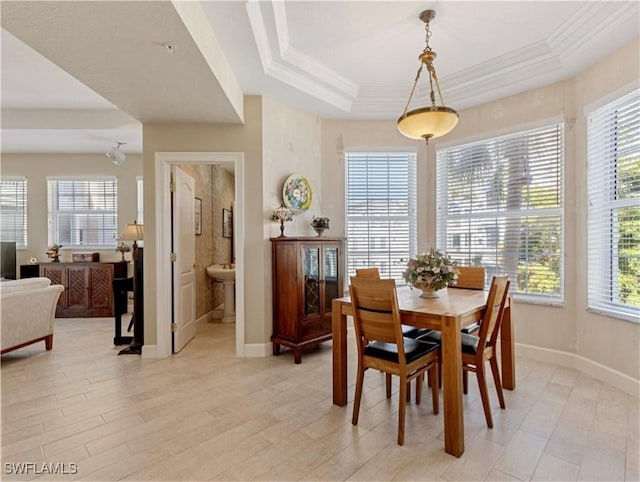 dining room with a tray ceiling, crown molding, plenty of natural light, and light hardwood / wood-style floors