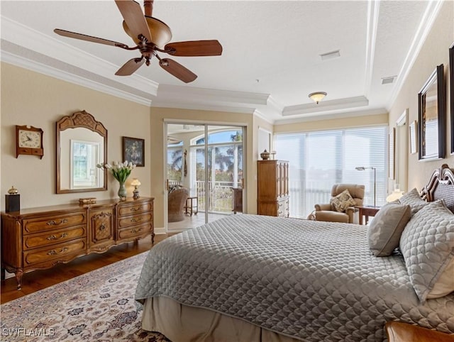 bedroom with access to outside, ceiling fan, crown molding, and dark wood-type flooring