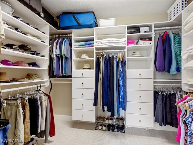 spacious closet featuring light carpet