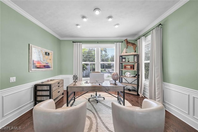 office area featuring crown molding and dark wood-type flooring