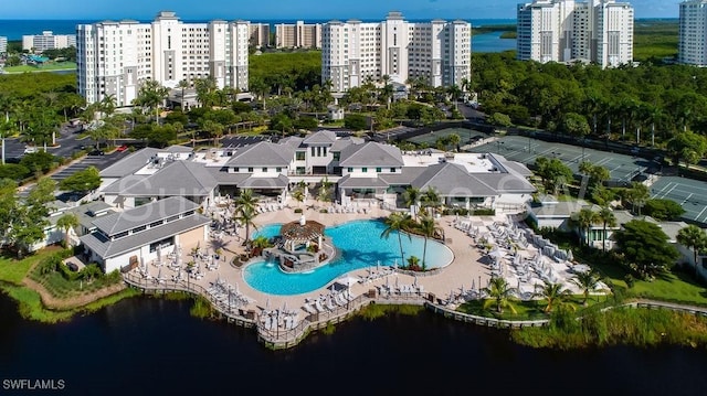 bird's eye view with a water view