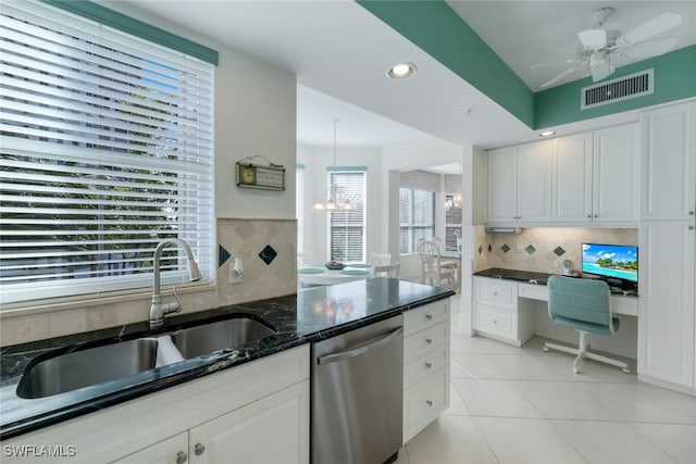 kitchen featuring decorative backsplash, white cabinetry, plenty of natural light, and stainless steel dishwasher