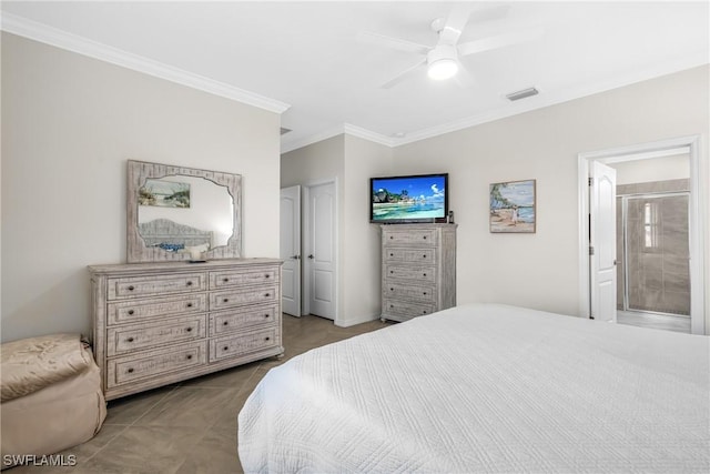 bedroom with ensuite bath, ceiling fan, light tile patterned flooring, and ornamental molding