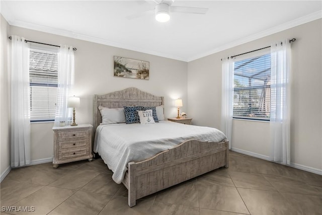 bedroom featuring ceiling fan, light tile patterned floors, and crown molding